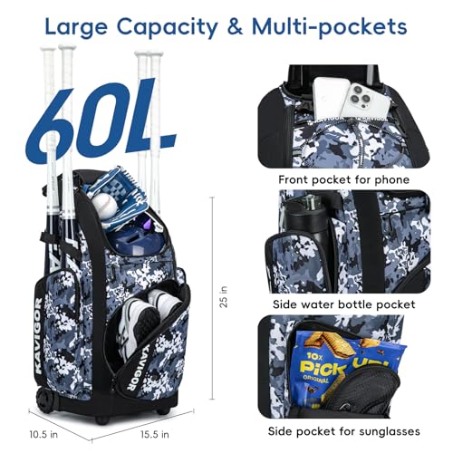 Blue Camo Rolling Baseball Bag 60L with Wheels Holds 4 Bats & Shoes Youth Equipment