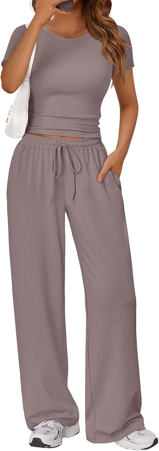 Trendy Queen 2 Piece Summer Sweatsuit | Women's Side Ruching Top & Wide Leg Pants Set with Pockets