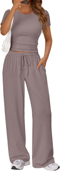Trendy Queen 2-Piece Summer Lounge Set - Women's Side Ruching Top & Wide Leg Pants with Pockets