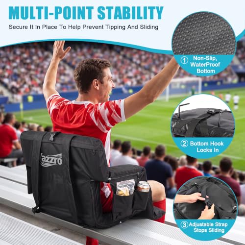 Grey 25in Portable Stadium Seat with Back Support & Cup Holder – Extra Thick Padding, 6 Adjustable Backrest Positions, Lumbar Pillow & Storage Pockets – 1-Pack