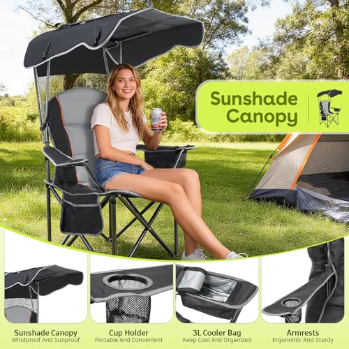 Camping Chair with Canopy Shade - Folding Outdoor Beach Chair, Black, 1 Pack