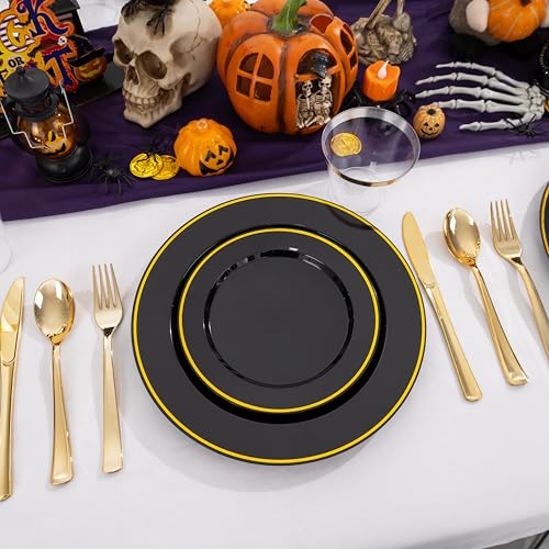 Black and Gold Disposable Dinnerware Set for 50 Guests - Plates Cups Napkins Utensils