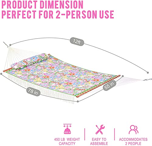 Lazy Daze Double Quilted Hammock with Pillow & Carry Bag Pink Floral - Supports 450 lbs