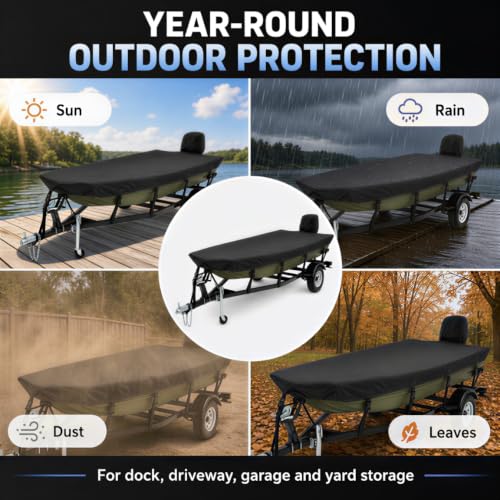16ft Jon Boat Cover Up to 75" Beam with Motor Cover - Heavy-Duty Waterproof Black, All-Weather Marine-Grade