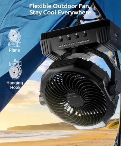 Black Large Portable Camping Fan with 20000mAh Power Bank & Light