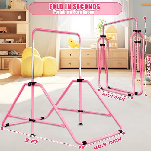 MARFULA Foldable Kids Gymnastics Bar - Adjustable Kip Bar with Mat, Pink for Ages 3-12