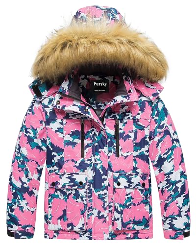 Pursky Girls' Waterproof Ski Jacket Kids Winter Snow Coat with Fleece, 14-16 Years, Flower Pattern