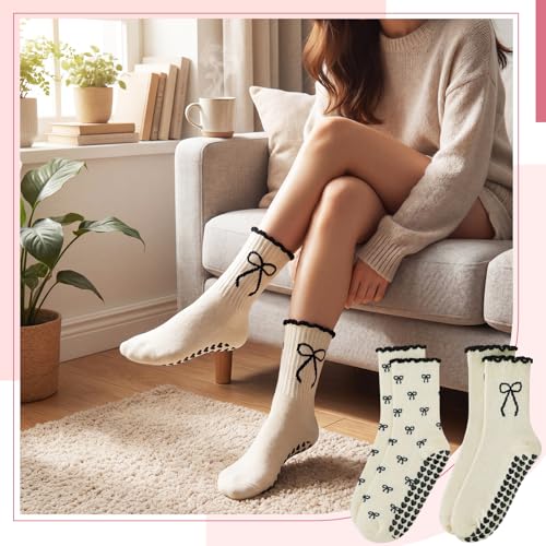 Cuffbow 2 Pilates Socks - Black and White Bow Variation, Non-Slip Grip, Crew Size