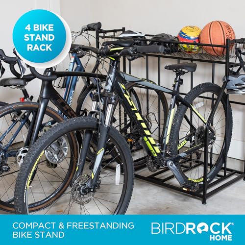 Birdrock Home 4 Bike Stand Garage Storage with Gear Basket & Hooks - Freestanding Bike Rack