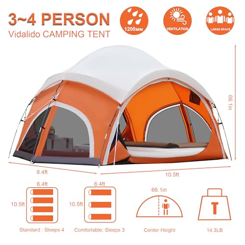 Vidalido 3-4 Person Camping Tent with Mesh Screen - White Orange