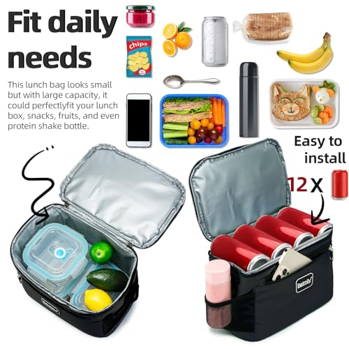 Insulated Lunch Bag for Men and Women - Black, Leak-Proof Soft Cooler Tote