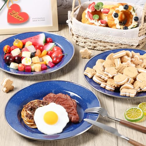 Sawysine 8 Pack 10-Inch Blue Enamel Camping Plates - Durable Outdoor Dinnerware