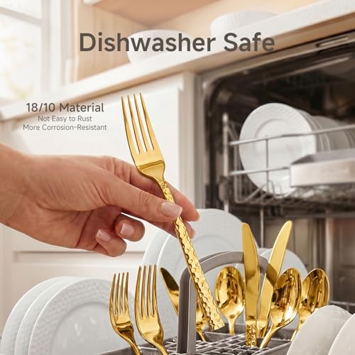 Gold 40-Piece Flatware Set for 8 - Hammered Stainless Steel Cutlery by KINGSTONE