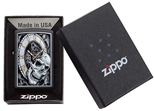 Zippo Skull Clock Design Black Matte Pocket Lighter - Black Ice Rib Cage Variation