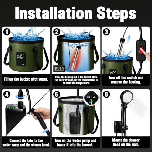 Motivekit™ Grass Green Portable Camping Shower Kit with LED Lights, 6.6-Gallon Foldable Bucket & 1500W Heater