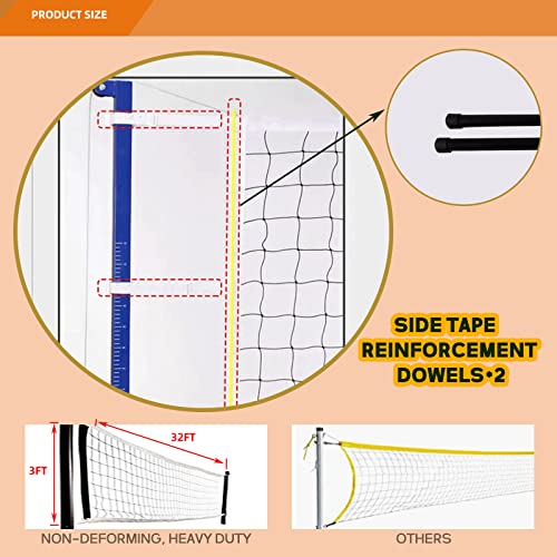 Heavy Duty Volleyball Net 32x3 FT with Steel Cables & Reinforced Dowels - Black & White
