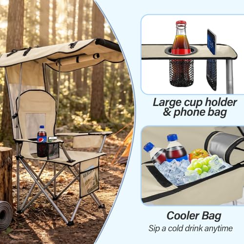 Cream White Camping Chair with Canopy & Cup Holder - Portable Folding Recliner for Adults