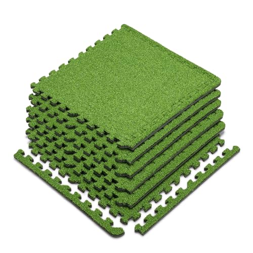 Green Turf Mat 6 Interlocking Tiles - 24 Sq Ft Artificial Grass Flooring