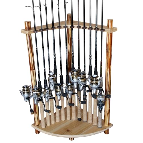 Rush Creek Creations 12-Slot Corner Fishing Rod Rack, Rustic Pine Storage Organizer