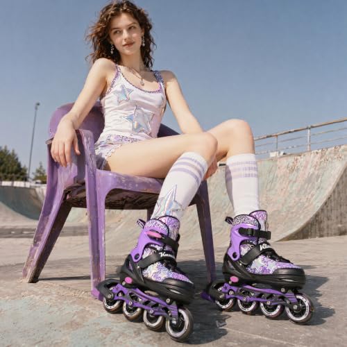 Kuxuan Adjustable Kids Inline Skates for Girls & Women - Purple Star, Large Youth 4.5-7 US