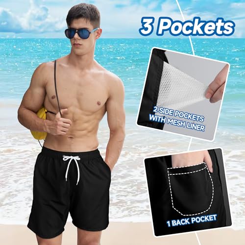 Men's Swim Trunks Quick Dry Swimwear 7 Inch with Mesh Lining - Medium Black