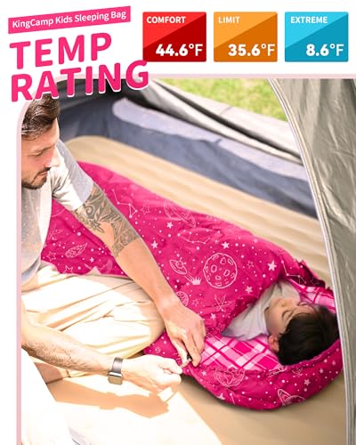Kids Sleeping Bag RoseRed - 45°F Flannel Child Camping Bed for Ages 10-12