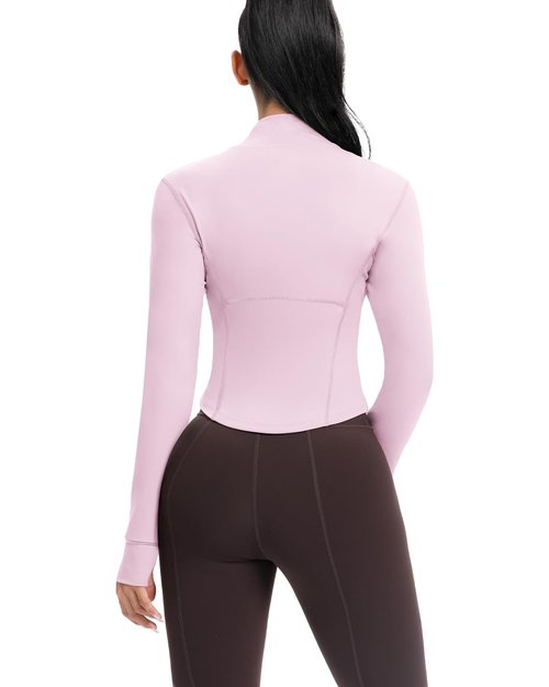 AVGO Women's Cropped Running Workout Jackets Zip Slim Fit Athletic Tops with Thumb Holes(Pink Lady, M)