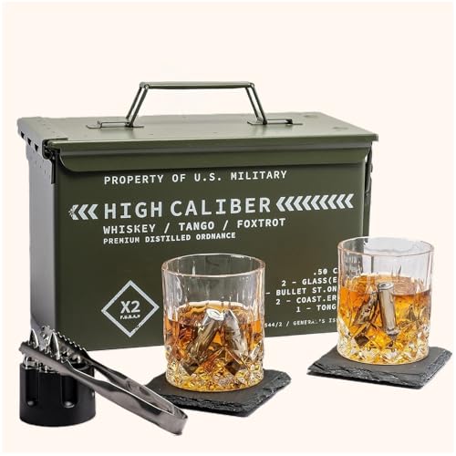 Whiskey Gift Set with Glasses Stones Coasters and Tongs in Tactical Box - Perfect for Men