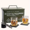 Whiskey Gift Set with Glasses Stones Coasters and Tongs in Tactical Box - Perfect for Men