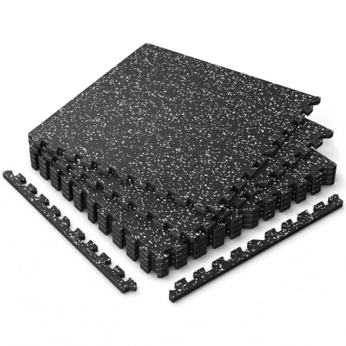 Black & White 0.56-Inch Thick Interlocking Rubber Gym Floor Tiles, 24 Sq Ft