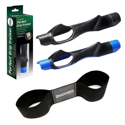 ZWOOGYM Golf Grip Kit,2 Pack Golf Grip Trainer with 1 Swing Correcting Arm Band, to Help Train Correct Hand Position,Golf Training Aid, (Black Band+Black&Blue Grip Trainer, 1)