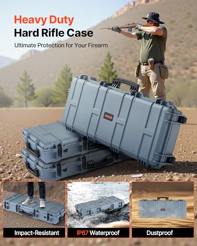 36 Inch VEVOR Waterproof Hard Rifle Case with Wheels, 4-Layer Foam, Lockable, Grey
