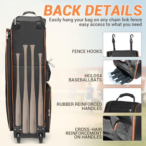 Rolling Baseball Catchers Gear Bag - 71-80L with Wheels, Shoe & Helmet Compartments, Water-Resistant, Orange, 10.63"x10.63"x38.58"