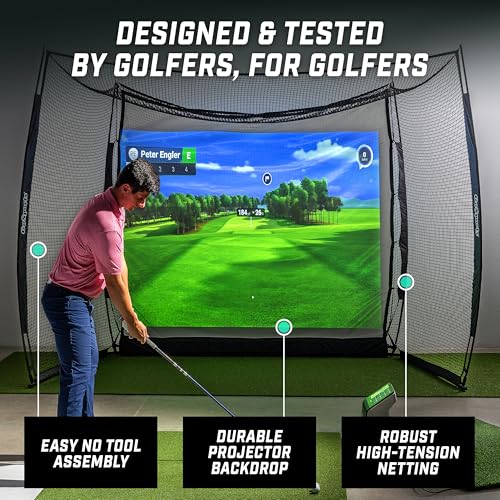 GoSports 10x8 ft Golf Range Cage with Impact Screen & Blank Simulator Screen