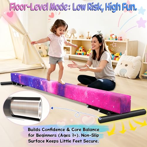 Kids Adjustable 8FT Gymnastics Balance Beam with Suede Surface & 3 Heights - Variation: Magic Star / 7"-17"