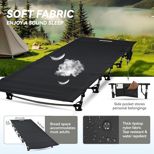 Black Ultralight Folding Camping Cot Bed – Portable, Supports 275 lbs