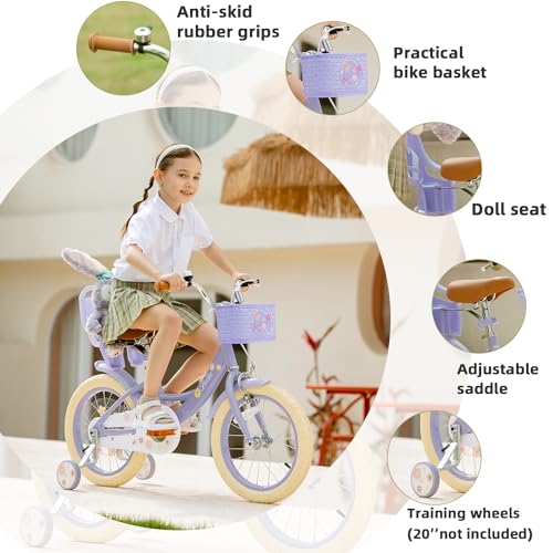 Bixike Girls Bike with Basket & Doll Seat - Purple, 14 Inch, Toddler & Kids Bike for Ages 3-5