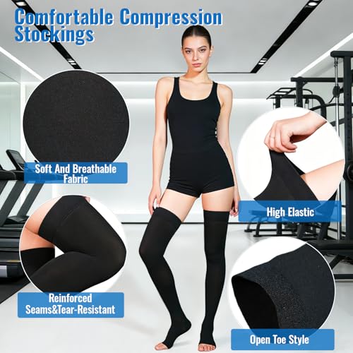 Black Large Thigh High Compression Stockings 20-30 mmHg Open Toe - Bewzilove