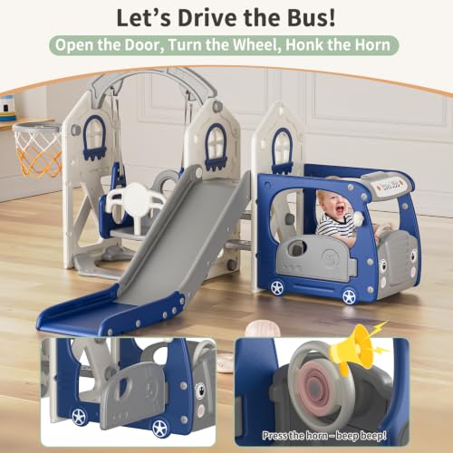 BIERUM 5-in-1 Bus Toddler Playground Set Blue & Gray for Kids 1-3
