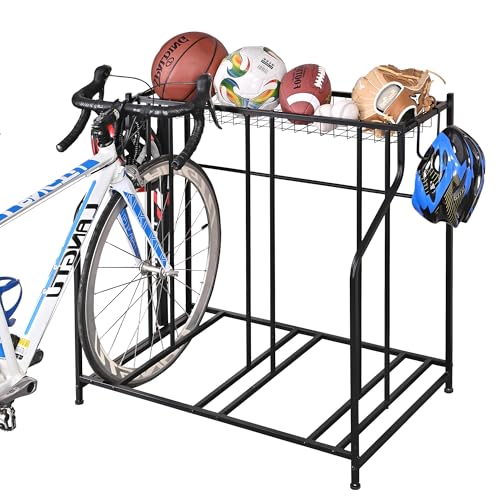 Mythinglogic 3-Bike Garage Storage Rack with Ball Basket & Hooks - Freestanding Bike Organizer