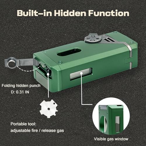 5 in 1 Butane Torch Lighter with Windproof 4-Jet Flame, Refillable, Green