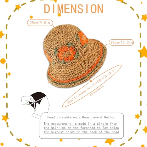 Medium Orange Crochet Straw Sun Hat for Women Wide Brim Beach Cap Summer Holiday
