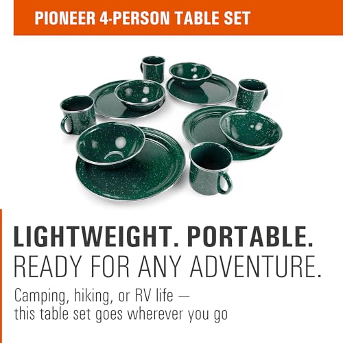 GSI Outdoors Pioneer Enamel 12-Piece Dinnerware Set for 4 People, Green