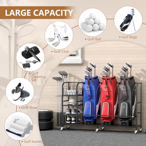 GloCryp 3 Golf Bag Storage Organizer for Garage - Heavy-Duty Steel, Rolling & Lockable, Multi-Shelf Golf Equipment Rack