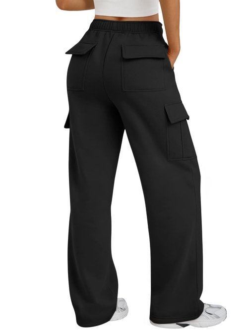 Trendy Queen Women's Cargo Sweatpants, Wide Leg Workwear Pants with Pockets & Elastic Waist, Casual Joggers for Travel Black M