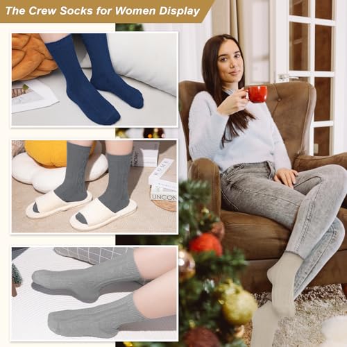 Justay Crew Socks for Women, Knit Cotton Dress Socks - One Size Navy Blue Grey Khaki Black