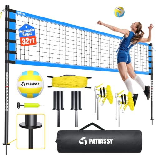 Outdoor Volleyball Net for Backyard - 32FT Anti-Sag with Steel Poles - Blue Variation