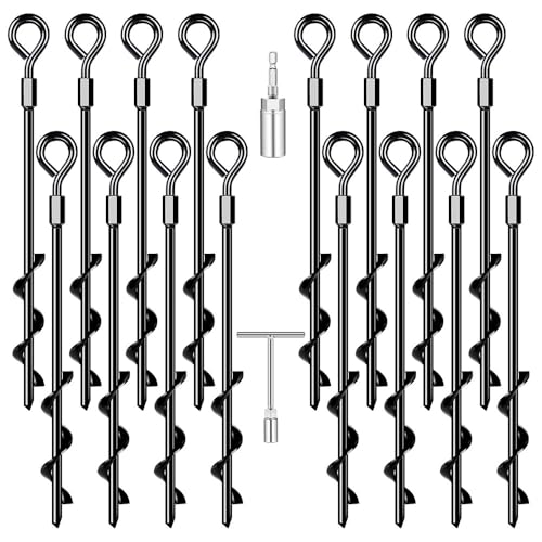 Heavy Duty Ground Anchors Set with 16 x 14-Inch Spiral Stakes for Trampolines & Outdoor Equipment