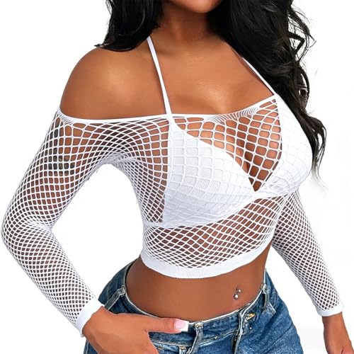 Women Sexy Fishnet Lingerie Top - Beach Cover Up, White, Medium