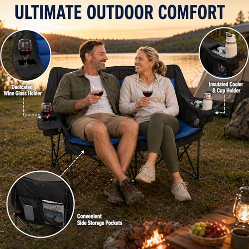 Heavy Duty Double Camping Loveseat - Portable 2-Person Outdoor Folding Chair